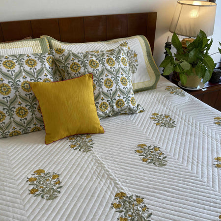 Yellow Flower Block Printed Bedcover