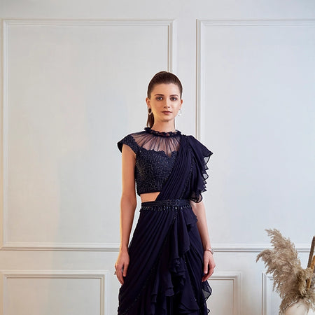 midnight blue ruffle saree