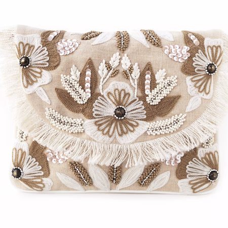Beige Handcrafted floral sling purse