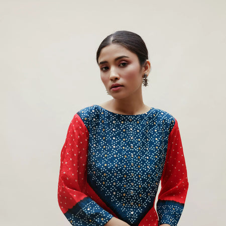 Aba Yoke Blue Red Bandhani on Silk Kurta