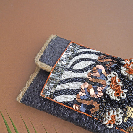 BLACK Foil printed braided jute handcrafted flapover sling bag