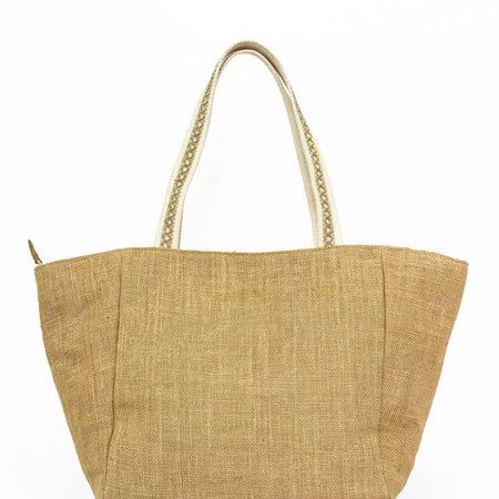 BROWN AND WHITE HANDCRAFTED JUTE HANDBAG
