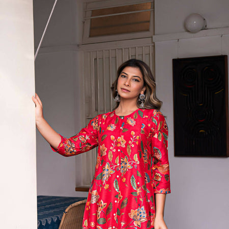 Aafreen Forest Jaal Anarkali Silk Kurta With Small Butti Pants - Red