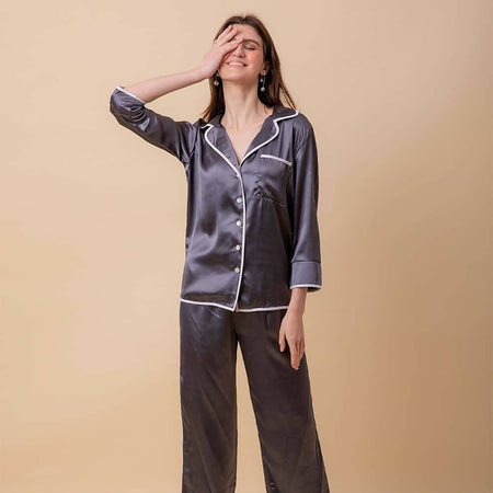 Grey Satin with White Piping PJ Set