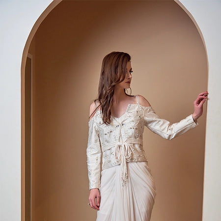 White Off Shoulder Jacket Saree