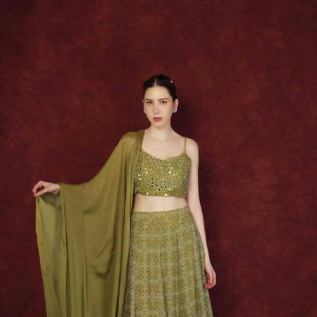 Olive Green Printed Lehenga Set