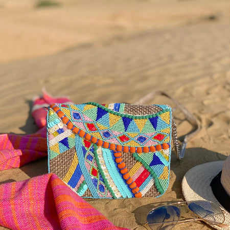 Multicoloured abstracts embellished sling bag