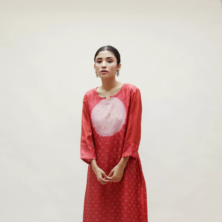 Blue Red Bandhani on Silk Kurta