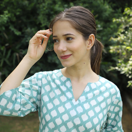 Snow Green Ikat Kurta Shorts Set