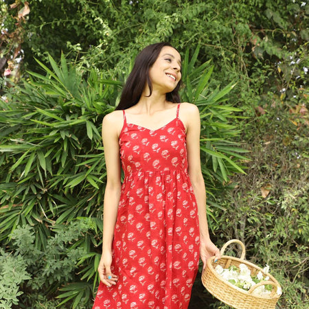 Candy Apple Hand Block Cotton Gathered Dress