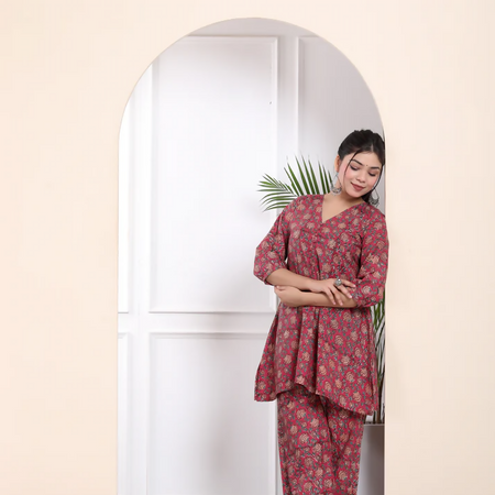 Maroon cotton handblock co-ord set