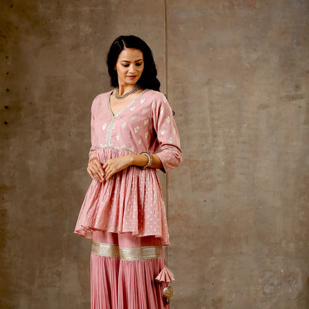 Onion Pink Color Peplum Kurta with Gharara And Dupatta