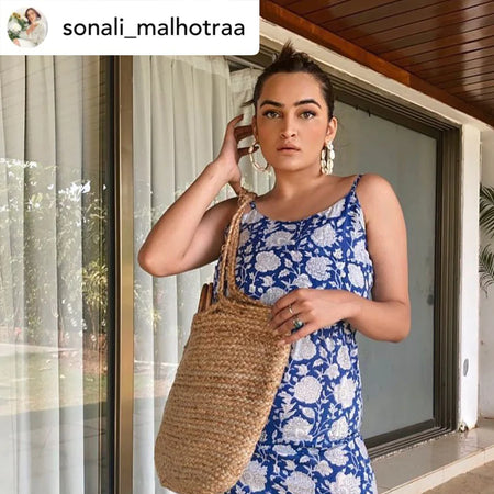 Blue Floral Hand Block Printed Midi Gathered Dress