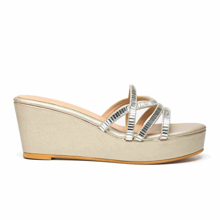 Gold Faux Leather Embroidered Wedges