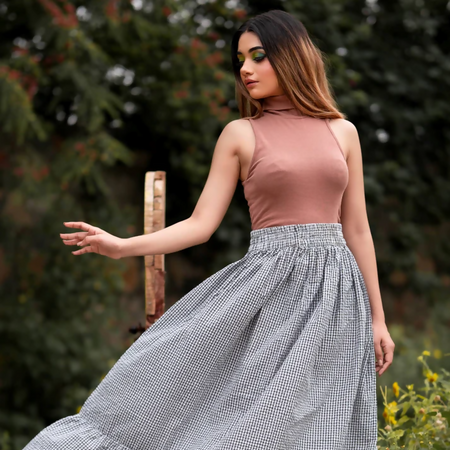 Gingham flared maxi long skirt