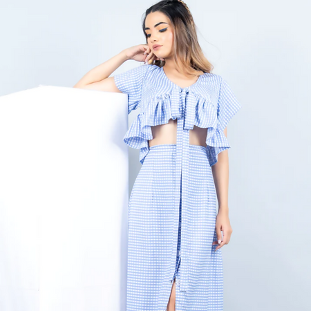 cornflower blue chess buttoned skirt