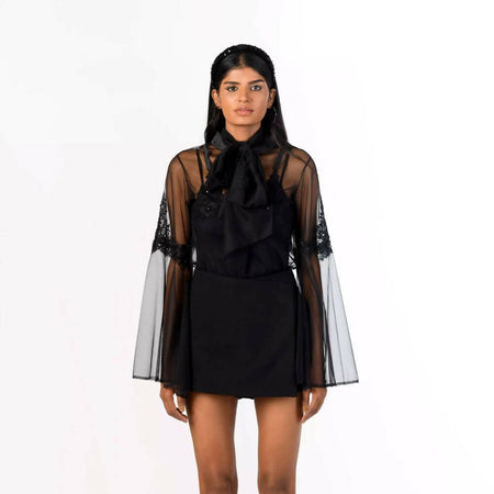 Black Tulle Tie Up Top with placement embroidery
