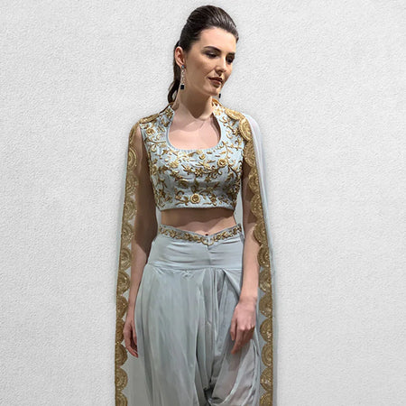 Powder Blue Top with Cape and Dhoti Pants