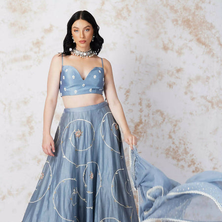 BAROQUE FLOWER PIGEON BLUE LEHENGA SET