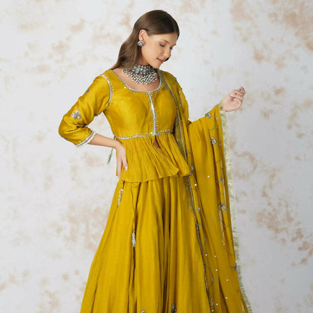 Antique Work Mustard Lehenga Set