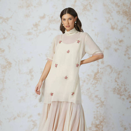 Beaded Flower High Neck Tunic Set