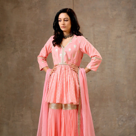 Peach Color Peplum Kurta with Gharara And Dupatta