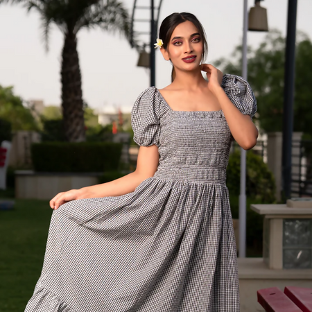 GINGHAM SMOCKED DRESS