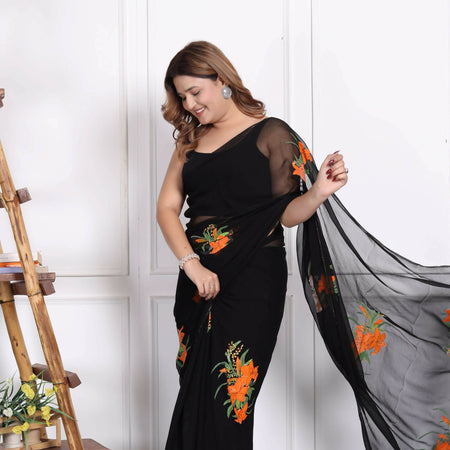 Black hand painted floral art chiffon saree