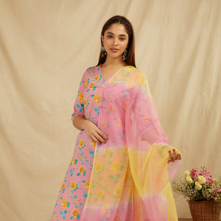 Peach Cotton Straight Kurta Pant Set With Dupatta