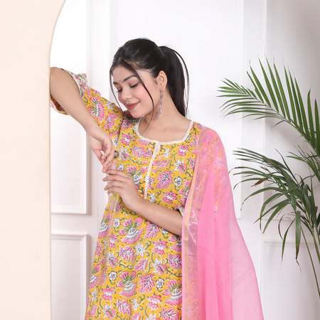 Yellow cotton handblock 3 piece suit set