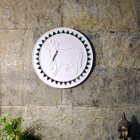 Kutch Lippan Mud Work Holy Cow 10 inches Round Wall Plate -White