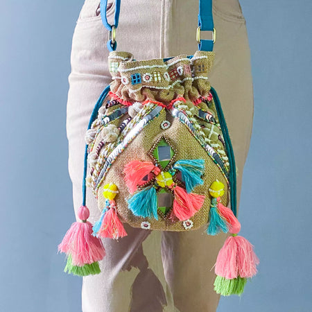 Multicoloured mirror and tassels embellished jute drawstring potli bag