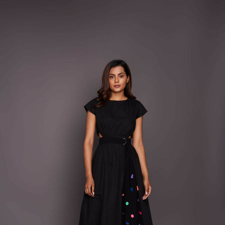 Backless dress with neon confetti belt