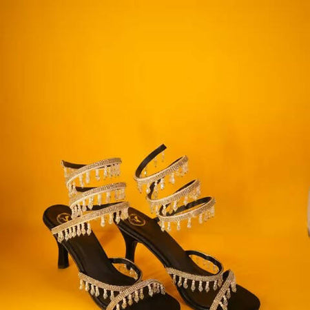 Black Silver Spring With Emblished Heel Sandals