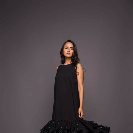 SHIFT DRESS WITH SEQUIN RUFFLED BOTTOM