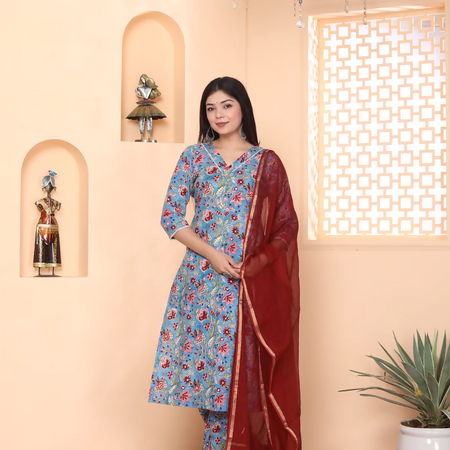 Blue printed cotton handblock 3 piece suit set