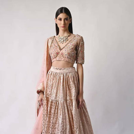 Peach Cotton Shantoon Chanderi Silk Lehenga Set