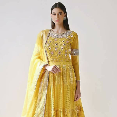 Yellow Hand Embroidered Anarkali Set