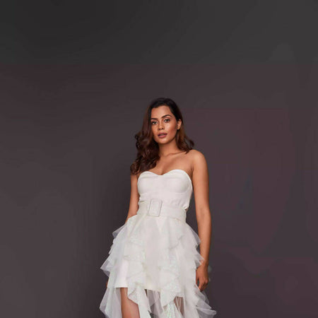 White Corset Top With Sequin Ruffled Skirt