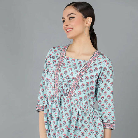 Sky Blue Cotton Printed Flared tunic