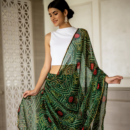 BOTTLE GREEN BANDHEJ DRAPE SAREE SKIRT CO-ORD SET