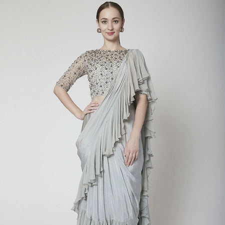 Grey Pre Stitched Ruffle Saree