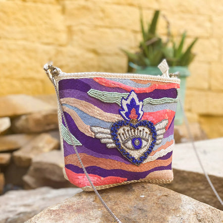 Multicoloured burning heart embellished bucket bag