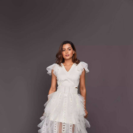 V NECK SEQUIN RUFFLED DRESS
