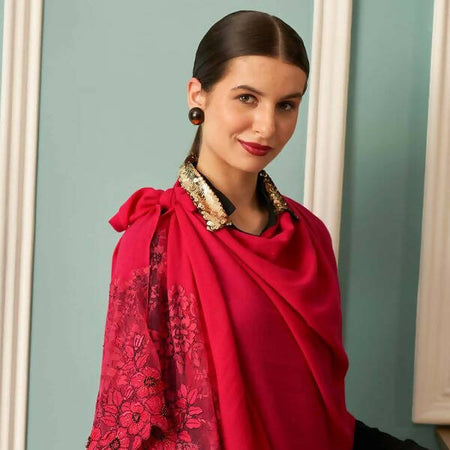 Floral Inset | Embroidered Fine Merino Wool Stole