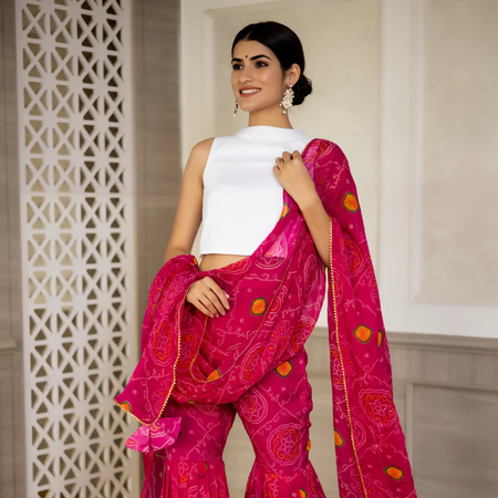 MAGENTA PINK BANDHEJ PALAZOO TOP CO-ORD SET