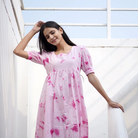 Roseate Tie Dye Puff Sleeve Cotton Dress