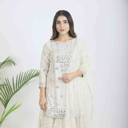 Mirror Work Embroidered Tunic With Brocade Lehenga