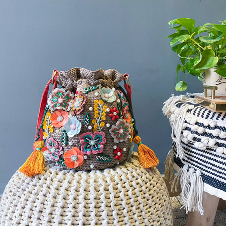 Multicoloured floral embellished drawstring potli bag