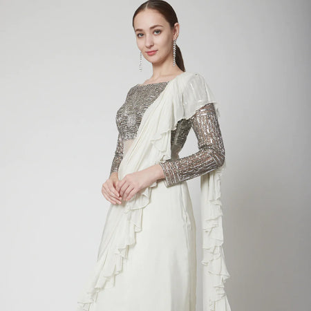 Light Blue Embroidered Ruffled Saree